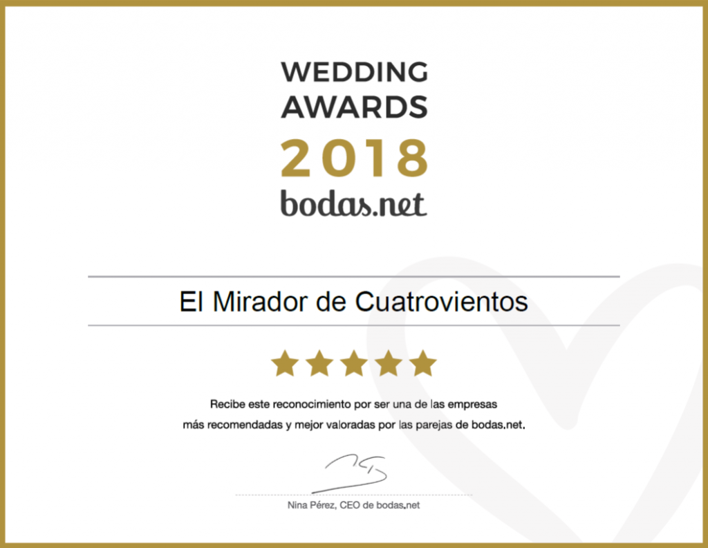 premio wedding awards 2018 de bodas.net al mirador de cuatrovientos